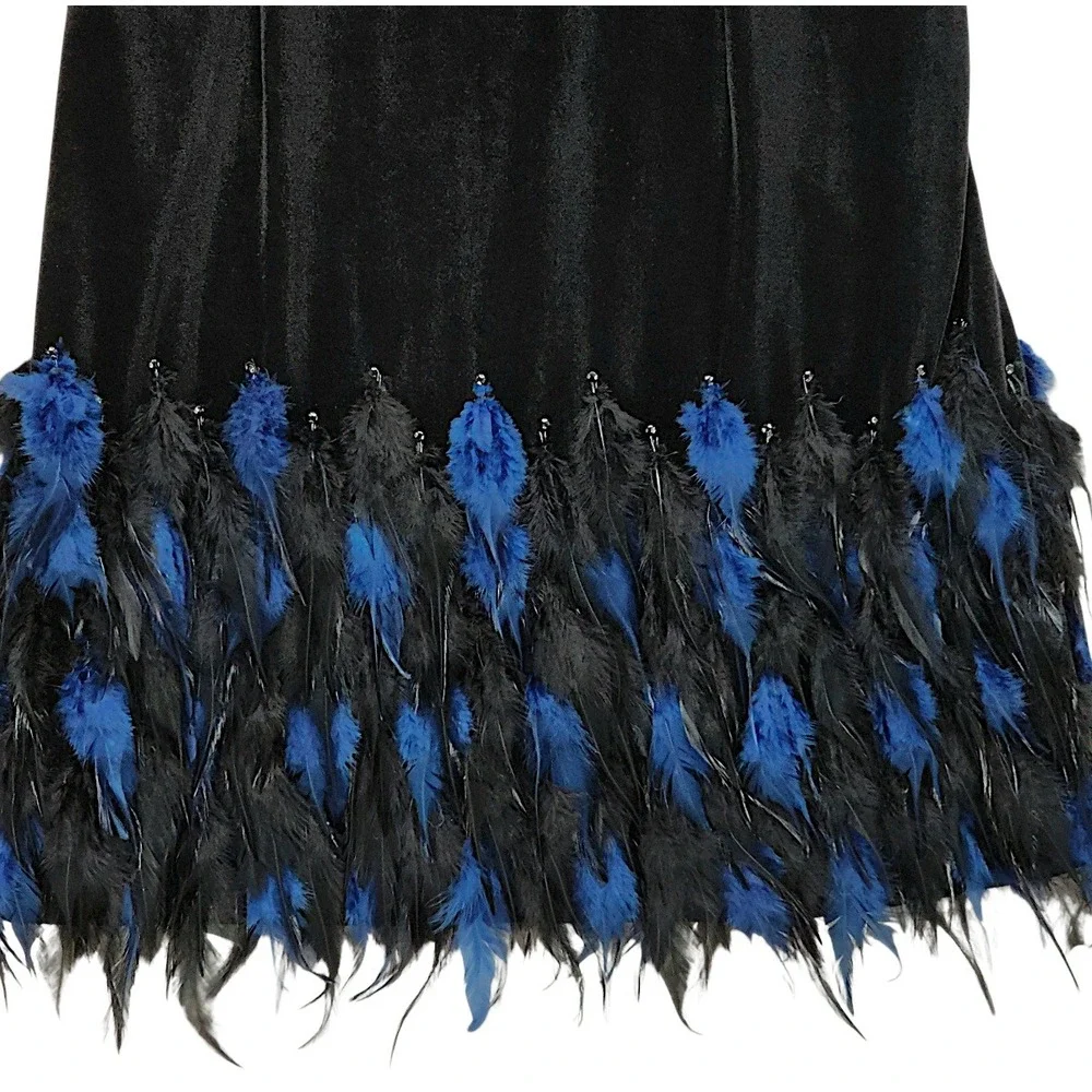 Tahari Velour Dress 12 Black Velvet Blue Feathers Mesh Long Sleeve Cocktail Mini - Picture 9 of 15